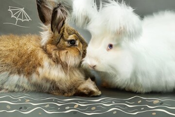 Two rabbits white and brown on a gray background, studio shooting, a painted sea, a cocktail, an umbrella from the sun in the background. Rabbit symbol of 2023, calendar page, postcard.