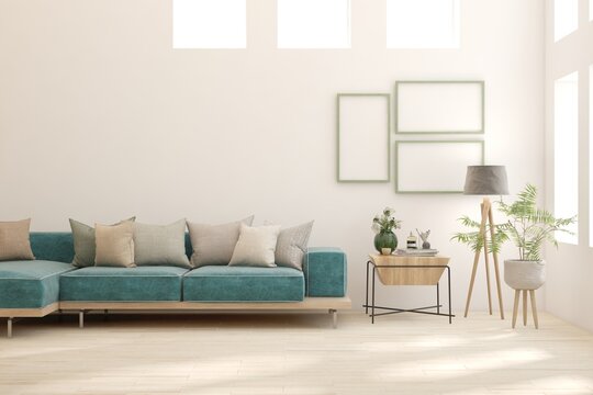 White living room with sofa. Scandinavian interior design. 3D illustration