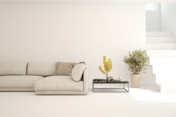 White living room with sofa. Scandinavian interior design. 3D illustration