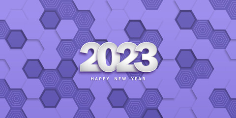 Happy new year 2023. Festive violet background and 3D numbers. Holiday banner in paper style with hexagons. Purple backdrop. Layered poster with honeycomb. Vector illustration. Modern design wallpaper