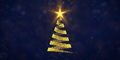 Yellow spiral shape made from particles as Christmas tree on dark background with bokeh. Illustration of abstract Xmas tree as winter holiday card.