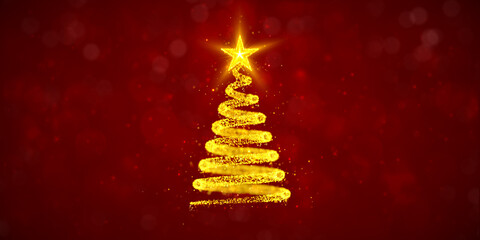 Yellow spiral made from particles as Christmas tree on red background with bokeh and snowflakes. Illustration of abstract Xmas tree as winter holiday card.