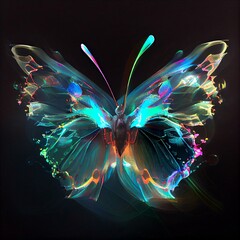 butterfly made out of liquid luminous light on black background. iridescent colors