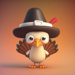 A cute cartoon 3D thanksgiving turkey wearing a pilgrim's hat