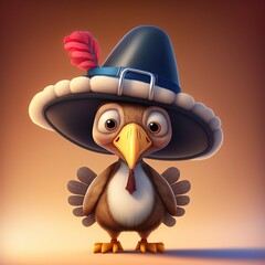 A cute cartoon 3D thanksgiving turkey wearing a pilgrim's hat