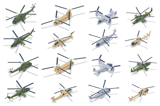 Isometric set of Military Aviation Air Force. Transport, attack helicopters. Military airplane at flying. Military air transport.