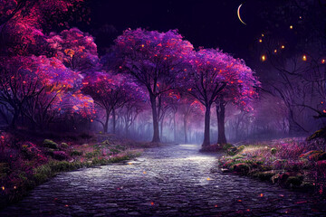 Fairytale mysterious forest, garden, wooden field scenery with colourful tree's, moon, fireflies and foggy environment. Digital illustration, artwork, rendering wallpaper.