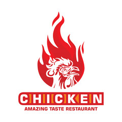 chicken bbq restaurant logo, silhouette red rooster and flames vvector illustrations