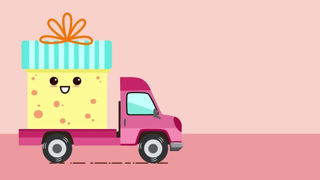 A pink pickup truck with a huge present box on top