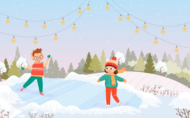Vector cartoon drawing of cute kids skating in a snowy park. Skating rink in the park, lanterns. Forest in the background.