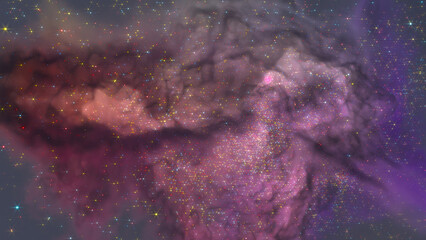 3D rendering of cluster of bright particles and mass of smoke resembling stars and cosmic clouds and dusts or nebula 