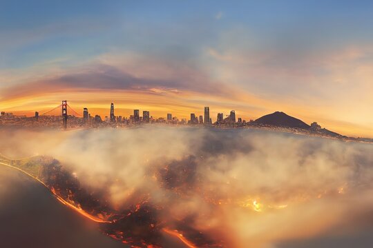 San Francisco Panorama With Orange Sky Sunrise From Nearby Wildfire