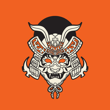 Samurai warrior mask. Traditional armor of Japanese warriors. Vector illustration, shirt graphic. All elements; mask, helmet, and colors are on separate layers and editable.	
