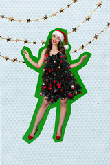 Collage photo of young cute positive girl dress christmas tree adornment atmosphere new year dancing party event isolated on blue color background