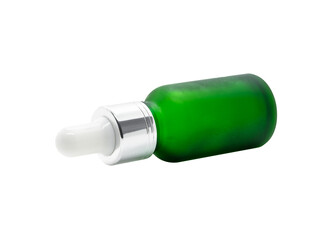 Green glass dropper serum bottle on white background, Mock up for cosmetic product design