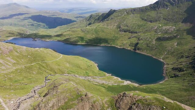 Aerial view of lakes at the foot of Mount Snowdon (Wales)
