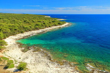 View to the clear blue Adriatic sea and beautiful beach from Veli Rat lighthouse, Dugi otok island, Adriatic sea, Croatia 