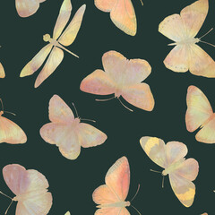 Seamless watercolor pattern, abstract botanical background, bright butterflies for design, wallpapers, invitations.