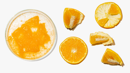 Fototapeta na wymiar Petri dishes with orange research. Cut orange, research in the laboratory. Bioengineering, laboratory.