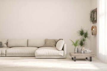 White living room with sofa. Scandinavian interior design. 3D illustration