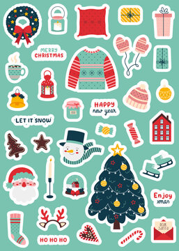 Christmas sticker set. Christmas tree and wreath, santa claus, candys, warm clothes, snowman and other. Winter collection isolated on blue background.