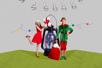 Exclusive magazine picture sketch collage image of smiling santa helpers preparing xmas gifts...