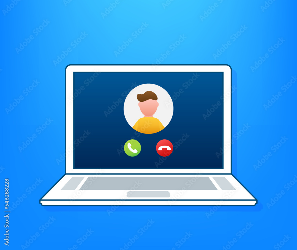 Poster incoming video call on laptop. laptop with incoming call, man profile picture and accept decline but
