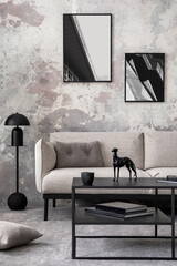 Creative composition of concrete living room with mock up poster frame, stylish gray sofa, green pillow, simple black coffee table, round vase with dried flowers, cup, plants in flowerpot. Template. 