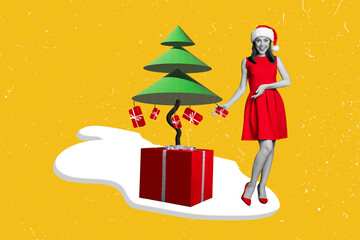 Creative retro 3d magazine collage image of funky smiling charming lady decorating xmas pine fir isolated painting background