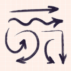 Vector arrows in different directions drawn with a brush by hand. Against the background of a checkered notebook.