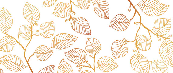 Golden botanical vector background. Luxurious watercolor wallpaper with white leaves, leaves and branch hand drawn. Elegant botanical design for banner, invitation, packaging, wall art.