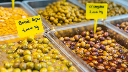 Assortment of olives on market in Portugal, Europe