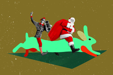 Photo sketch graphics collage artwork picture of funky funny santa elf riding bunny delivering...