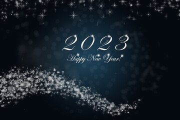 Happy New Year 2023. Sparkling burning numbers Year 2023 with stars and bokeh on blue background.