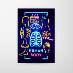 Human Body Neon Flyer. Vector Illustration of Medical Health Objects.