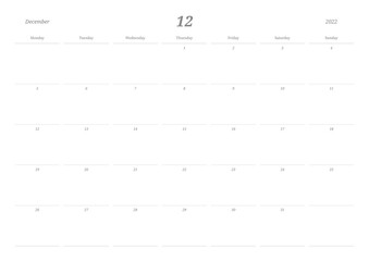December 2022 calendar template design illustration is simple style. Memo, scheduler, diary, calendar, memo, planner document template background.