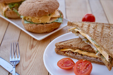 Alternative food - healthy vegan burgers with plant-based cutlets and sandwiches with oyster mushrooms. Healthy lunch, appetizer