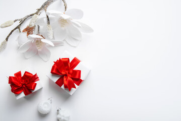 Christmas and New Year holiday background. Xmas greeting card. Christmas gifts on white background top view. Noel. Flat lay	
