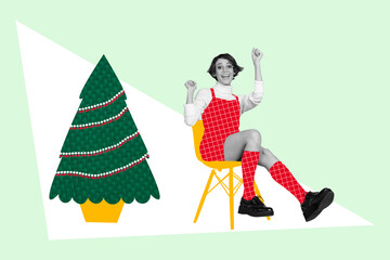 Creative collage picture of delighted girl black white gamma sit chair raise fists success luck drawing newyear tree