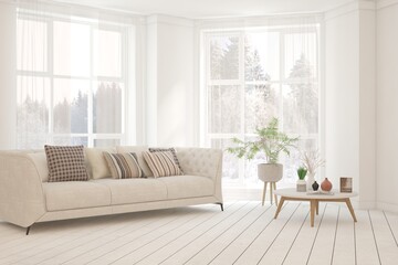 White living room with sofa. Scandinavian interior design. 3D illustration