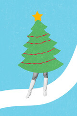 Vertical collage illustration of black white effect girl legs drawing xmas tree isolated on painted...