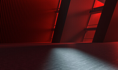 Low Angle of red wall with rays. Background of an empty corridor, parking, airport with ambient...