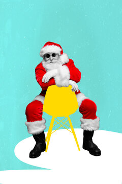 Vertical collage picture of stylish grandfather santa black white colors sitting chair isolated on drawing background