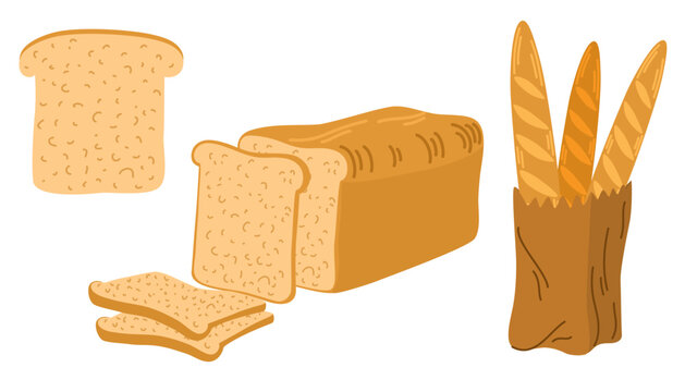 Bread set. Whole grain, yeast baked bread. food sign. Ideal for cafe, restaurants, food shops and printing. Vector hand draw illustration isolated on the white background.