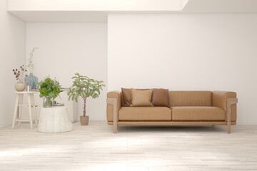 White living room with sofa. Scandinavian interior design. 3D illustration