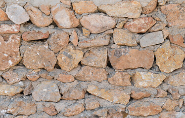 Background of a stone uneven old wall, the stones are stacked in a mess. Vintage style, idea for background or wallpaper with copy space