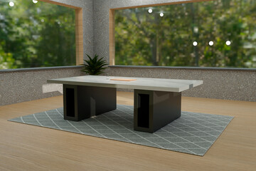 Digitally generated room with marble table. Windows gazing out into the forest.