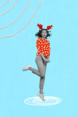 Vertical collage image of excited black white gamma girl jumping pouted lips deer antlers headband...