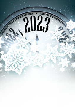 Blue Christmas clock showing 2023 with big snowflakes.