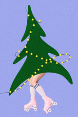 Vertical creative photo illustration of bodyless girl fir tree instead of body ride roller skates...
